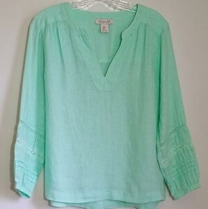 Rachel Zoe Pistachio vneck linen top with crochet lace detail women size small